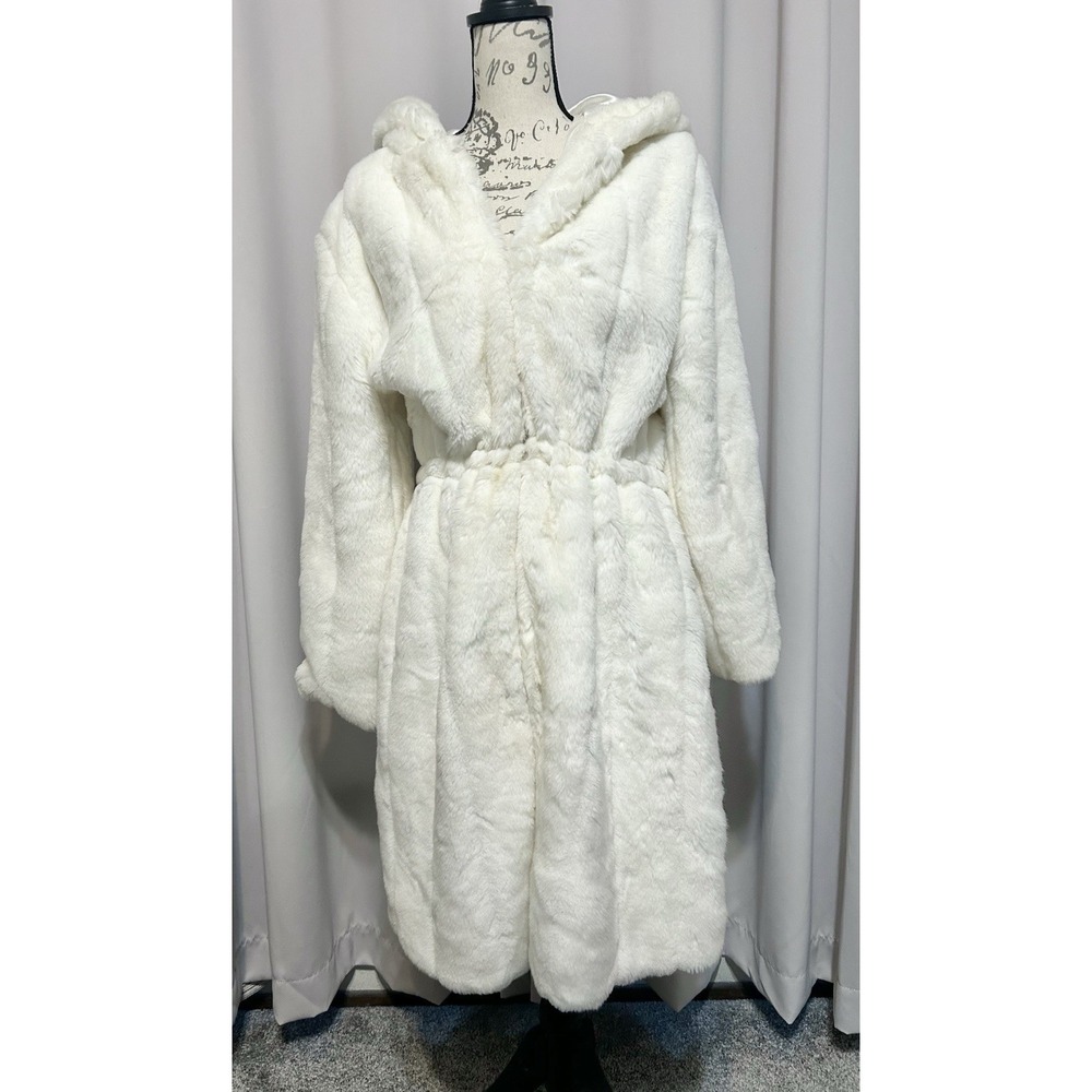 Faux Fur Jacket Women's M/L Cream Ivory Plush Coat Adjustable Waist